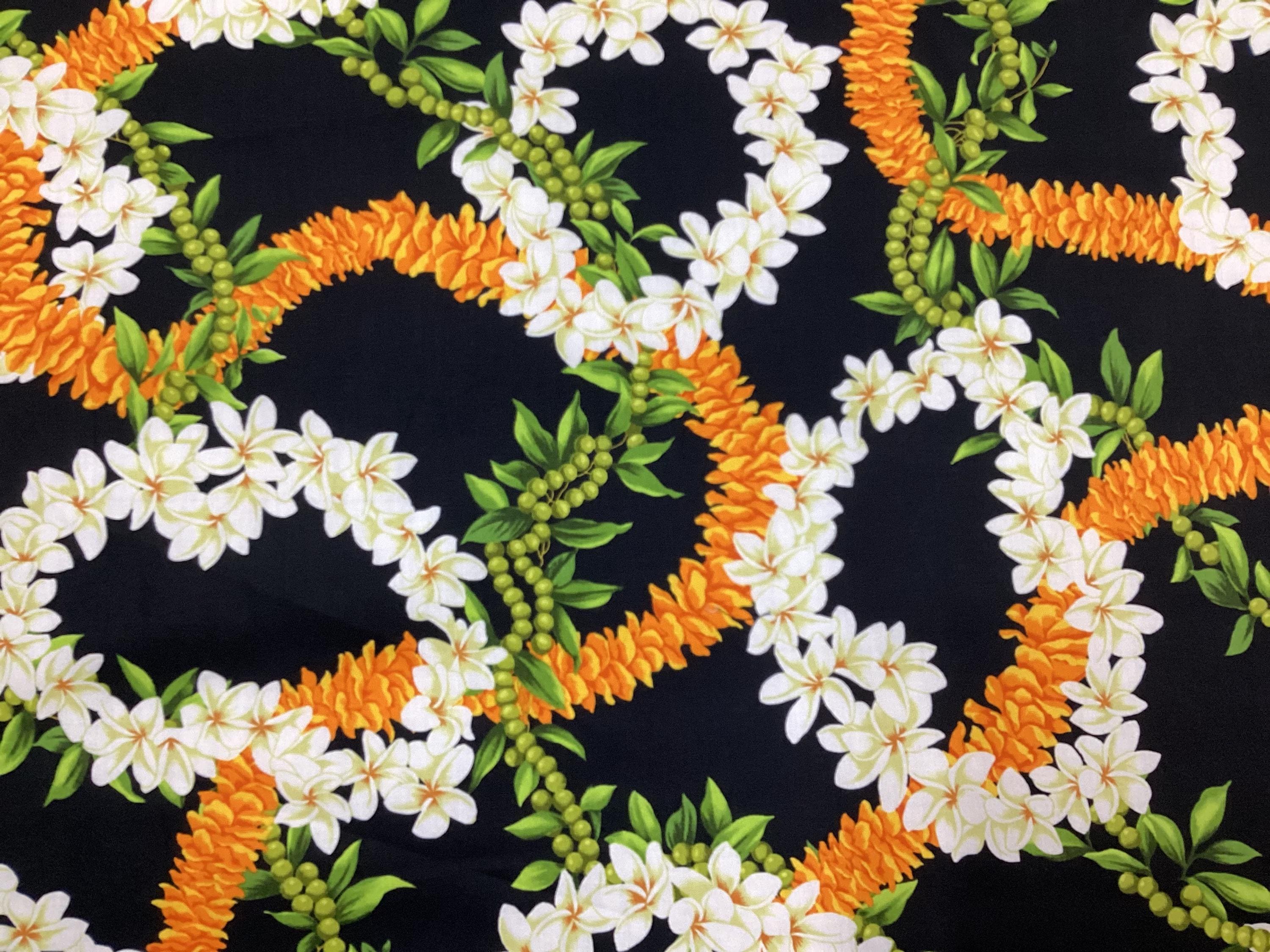 Plumeria, Mokihana with Maile and Ilima Leis Hawaiian Print Cotton Fabric in Black background Printed in Japan Sold by the Yard