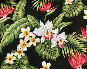 May include: Black fabric with a tropical print featuring white orchids, red and yellow bird of paradise flowers, and green leaves.