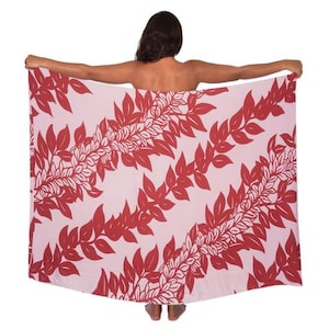 Buy 5, Get one FREE!  Lightweight Red on Pink Maile Lei Design  Pareo (sarong) Lava lava 100% Rayon Cover up