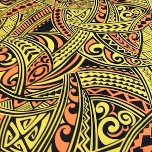 Yellow and Orange Triball Hawaiian Print Fabric 100% Cotton sold by the yard   (Yardage Available)