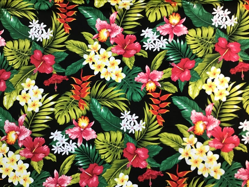 Black Tropical Hawaiian Print Fabric in Cotton Sold by the Etsy