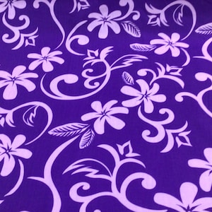 REMNANT!  55&quot; Lavender and Purple Tropical Hawaiian Print Fabric In Poly-Cotton
