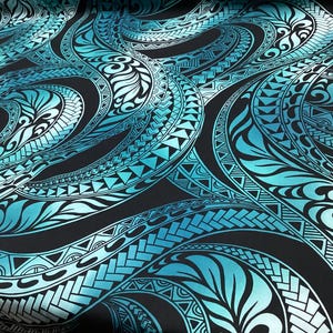 May include: A blue and white patterned fabric with a repeating design of waves and swirls. The fabric has a textured surface and a subtle sheen.