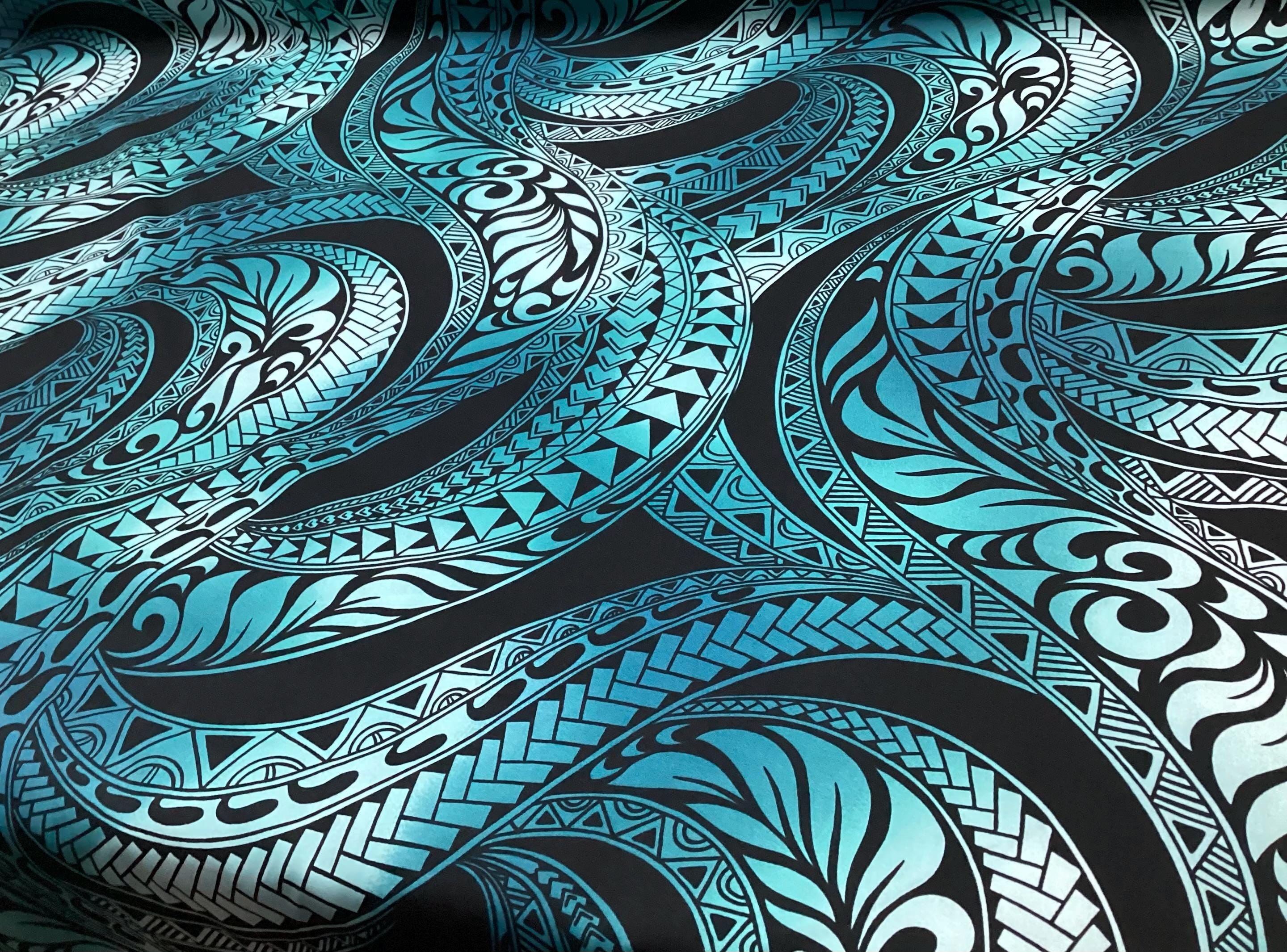 Swirly Tribal in Turquiose Background Hawaiian Print Fabric in 100