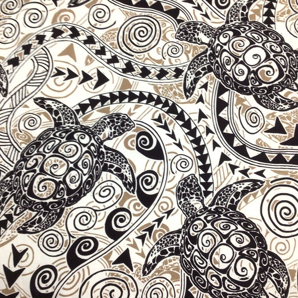 Honu Turtle Tribal Hawaiian Print Fabric in Brown Background 100% Cotton Sold by the Yard