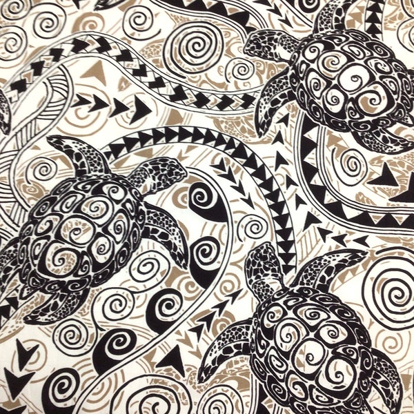 Remnant!  64" Honu Turtle Tribal Hawaiian Print Fabric in Brown Background 100% Cotton