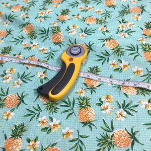 Tropical Pineapple in Aqua Background Hawaiian Print Fabric in 100% Cotton sold by the yard