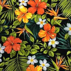 Tropical Hawaiian Print Fabric in Black Background 100% Cotton