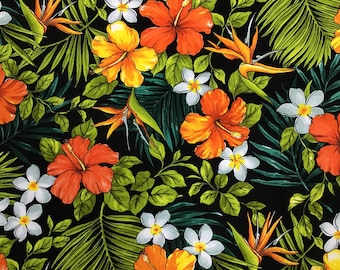 Tropical Hawaiian Print Fabric in Black Background 100% Cotton