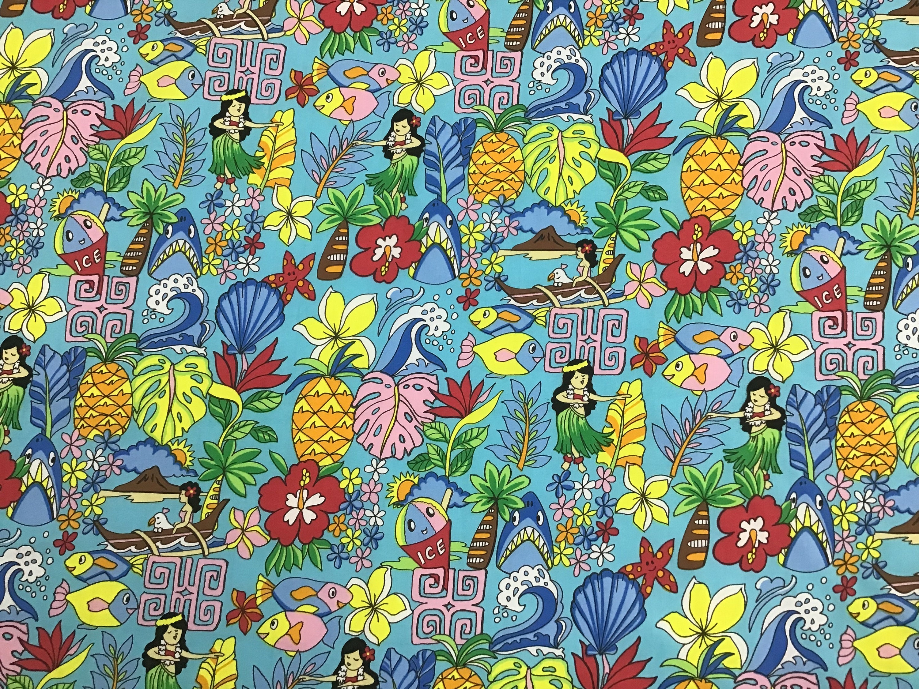 売上実績NO.1 Fabric Print Hawaiian Local Fun 100% Yard the by Sold Cotton サーフィン・ボディボード