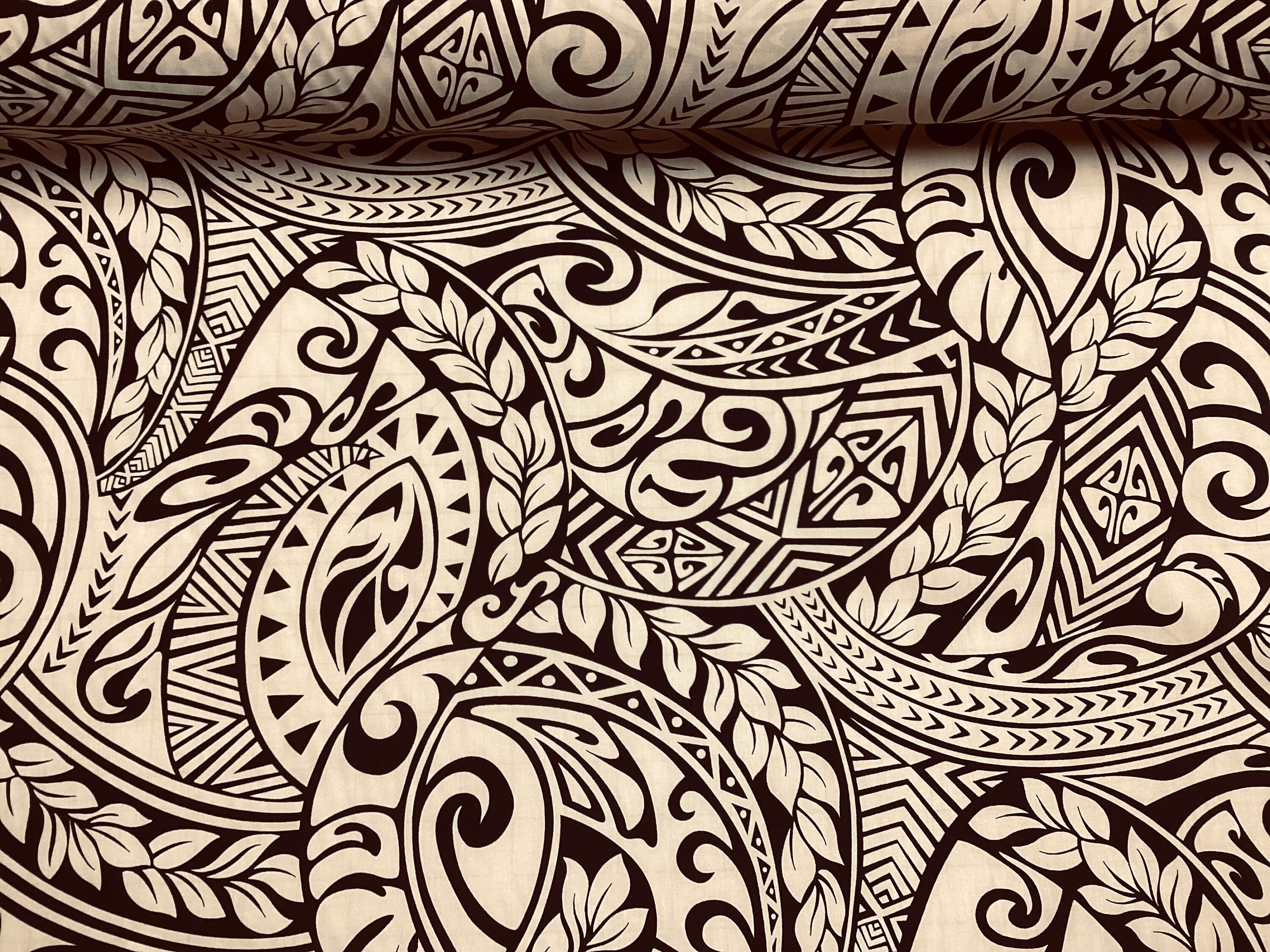 Classic Black/creme Tribal Hawaiian Print Poly Cotton Fabric
