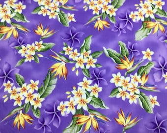 Tropical Plumeria and Bird of Paradise in Purple Background 100 % Cotton Hawaiian Print  Fabric Sold by the Yard