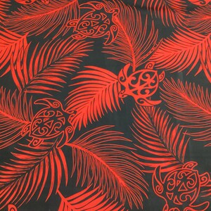 Red and Black Honu (turtle) with Palm Leaf  Hawaiian Print Poly Cotton Fabric Sold by the Yard