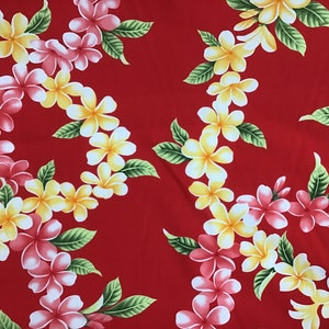 Sale! Red Plumerias Hawaiian Print Fabric 100% Cotton  (Yardage Available)