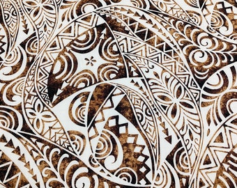 Swirly  Retro Tribal in Brown Background Hawaiian print Fabric Sold by the Yard 100% Cotton