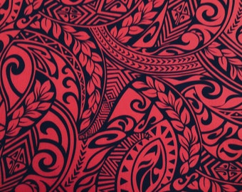REMNANT!  23" Red and Black Classic Tribal Hawaiian Print in Poly Cotton