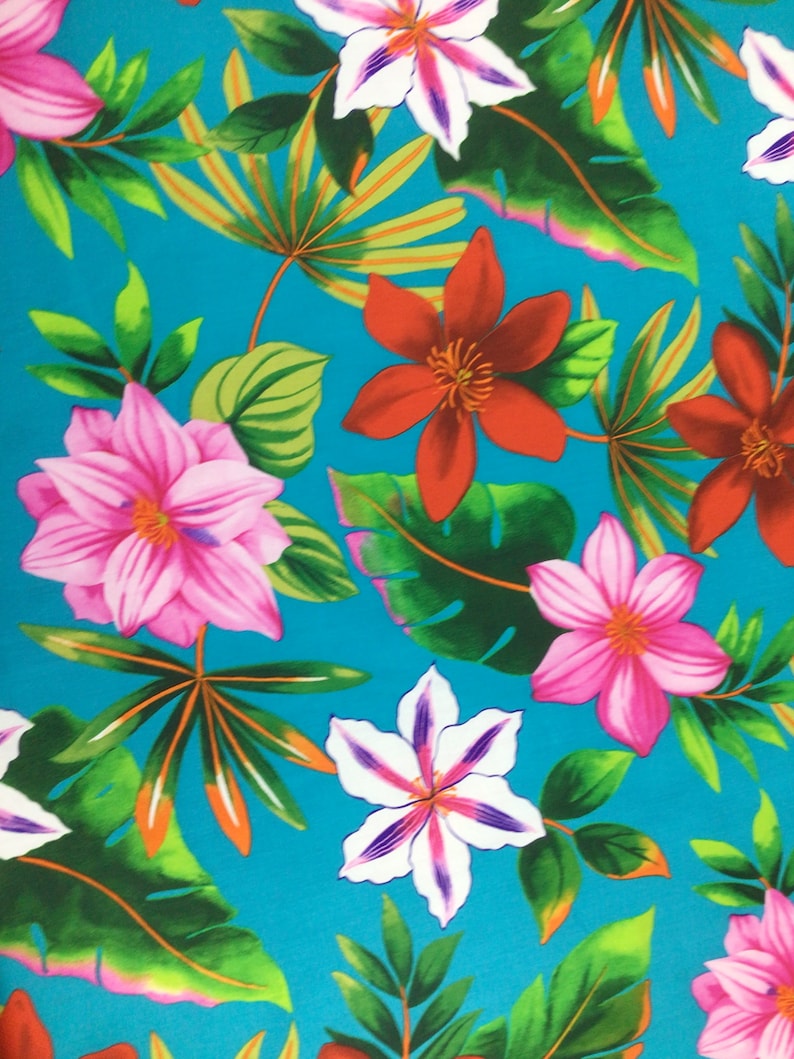 Tropical Hawaiian Print Fabric in Turquiose Background 100 Etsy