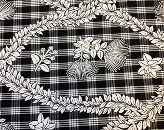 Black Palaka with Tropical Leis and Lehua Blossoms Hawaiian Print Fabric 100% Cotton Sold by the Yard