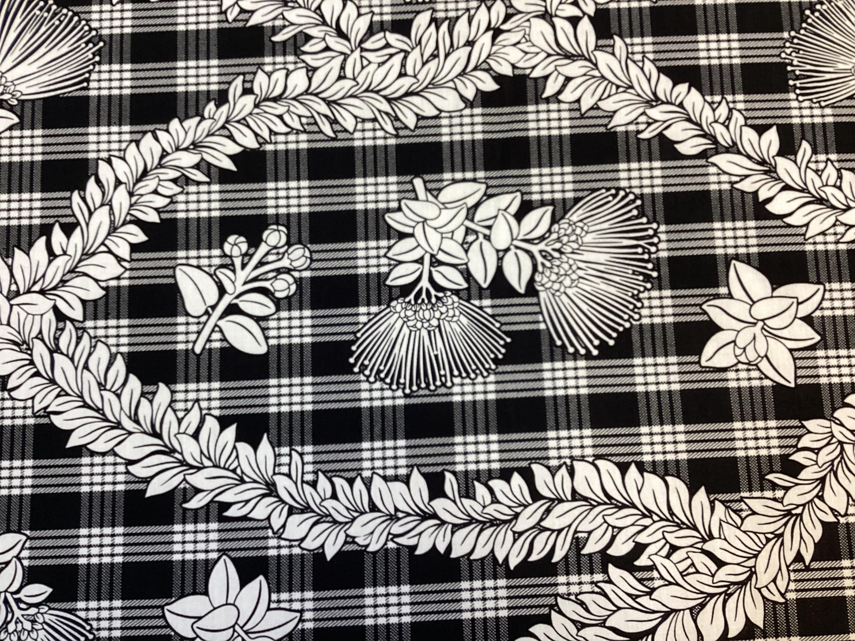 Black Palaka With Tropical Leis and Lehua Blossoms Hawaiian Print