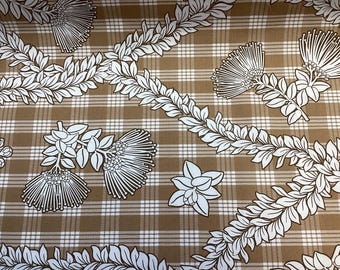 Khaki Palaka with Tropical Leis and Lehua Blossoms Hawaiian Print Fabric 100% Cotton Sold by the Yard