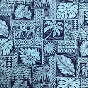 Hawaiian Print in Navy Blue Background in 100% Cotton Fabric Sold by the Yard&#39;
