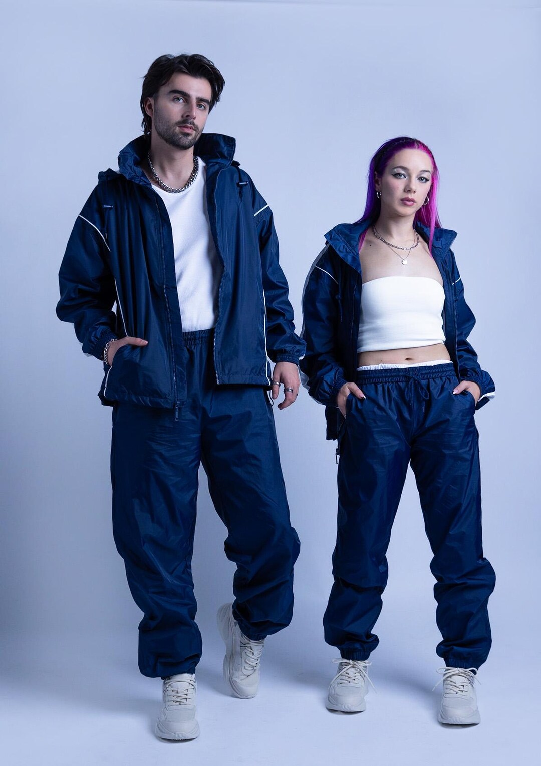 Vintage Unisex Full Zipper Nylon Tracksuit Set With White Piping