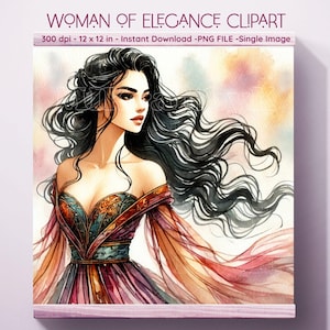 May include: A digital illustration of a woman with long black hair wearing a colorful, flowing gown. The background is a watercolor wash of pink, orange, and yellow.
