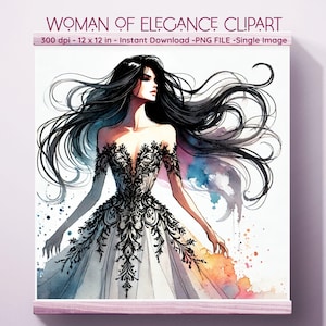 May include: A digital illustration of a woman in a black and white gown with long black hair. The background is a watercolor wash of blue, purple, and orange.