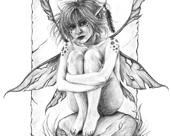 Grayscale Coloring Book Page - Printable JPG - "Torn" Fairy Art by Lindsey Cormier