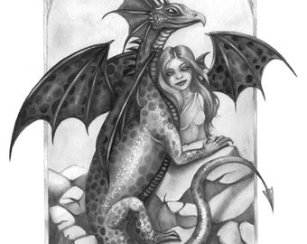 Grayscale Coloring Book Page - Printable JPG - "Dragon Sisters" Art by Lindsey Cormier