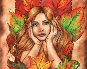 Printable Autumn Thoughts Fall Leaves Fantasy Art Fairy 8x10 inches Print it Yourself Downloadable Print Lindsey Cormier