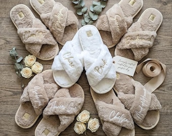 Personalised Fluffy Bridal Cross Slippers – Bridesmaid Gift – Wedding Morning Slippers