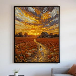 May include: A framed wall art print depicting a vibrant sunset over a pumpkin patch. A dirt path leads toward a rustic barn in the distance, with a small figure in a white dress walking along the trail. The sky features thick, textured brushstrokes.