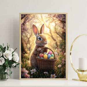 Art mural lapin de Pâques, impression lapin de printemps, joli panier d&#39;oeufs de Pâques, décoration de chambre d&#39;enfant, affiche de printemps de la ferme, téléchargement numérique imprimable