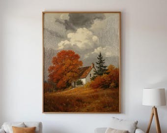 Autumn Cottage Landscape Print | Fall Country Wall Art | Rustic Farmhouse Oil Painting | Instant Digital Download for Cozy Home