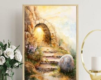 He Is Risen Watercolor Print | Empty Tomb Easter Art (Digital Download)