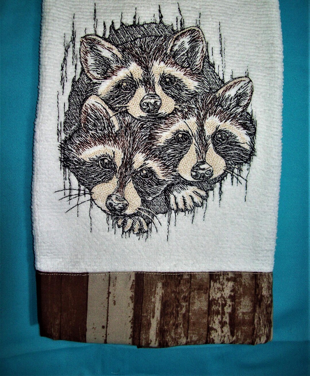 Embroidered Towel raccoon Terry Kitchen Towel wildlife Forest Print