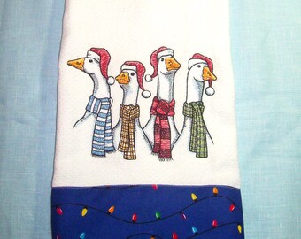 Embroidered Santa Geese Towel - Handmade Holiday Kitchen Decor