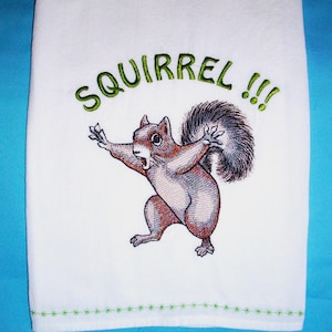 Embroidered Squirrel Dish Towel-Flour Sack Tea Towel-Kitchen Towel