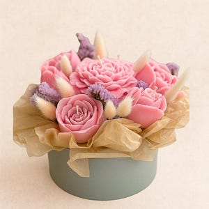 ピンクのバラのキャンドルブーケ - 手作りソイワックスフラワーギフト - ロマンチックなキャンドルアレンジメント - 結婚式、誕生日、ベビーシャワーの装飾