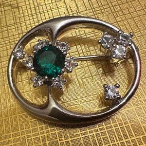 Antique Glass Emerald Rhinestones Sterling Silver Brooch