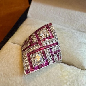 Art Deco Natural Ruby Diamond Ring | Platinum Over 18K Gold | Vintage Cocktail Ring Size 8