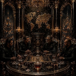 Puede incluir: Una mesa redonda de mármol negro con detalles dorados presenta un juego de ajedrez, un decantador de cristal y cuatro personas con trajes negros sentadas alrededor. La pared detrás muestra un mapa mundial dorado y el texto THE HIGH TABLE en una habitación oscura.