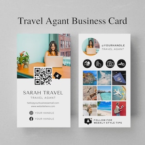 Peut inclure: Carte de visite pour agent de voyages. Le design présente le texte "Travel Agant Business Card" en haut. Le recto comprend le nom de l'agent, ses coordonnées et un code QR. Le verso présente des icônes et des images liées aux voyages.