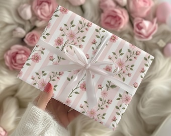 Blush Wildflower Stripe Wrapping Paper,Cottagecore Floral Gift Wrap Roll,Coquette Pink Stripe Birthday Bridal Shower,Vintage Floral Wrapping
