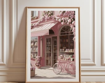 Coquette Bookstore Wall Art, Pink Aesthetic Bookshop Illustration, Feminine Room Decor for Book Lovers, Paris Inspired Print