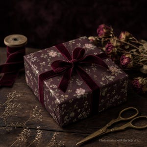 Könnte beinhalten: Eine quadratische Geschenkbox, eingewickelt in dunkelburgunderfarbenes Papier mit wiederkehrendem Blumenmuster, gebunden mit einer tiefroten Samtschleife. Die Box wird von einer Holzspule mit passendem Samtband, getrockneten Rosen und einer Metallschere ergänzt.