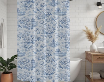 Blue Chinoiserie Pagoda Floral Shower Curtain, French Toile Bathroom Decor with Birds & Japanese Pagoda, Vintage Cottagecore Bath