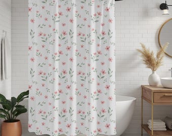 Pink Floral Shower Curtain, Ditsy Flower Bathroom Decor, Cottagecore Shower Curtain, Botanical Bath Decor, Pink and Green Bathroom Curtain