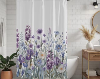 farmhouse shower curtain, wildflower shower curtain, botanical shower curtain, purple cottagecore shower curtain long